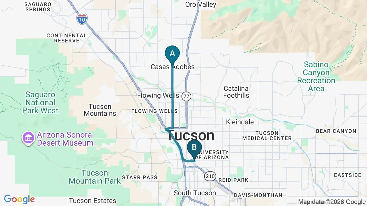 Driving directions map from Casas Adobes, AZ to Alma Sana Chiropractic Studio in Tucson