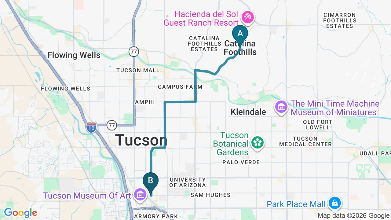 Driving directions map from Catalina Foothills, AZ to Alma Sana Chiropractic Studio in Tucson