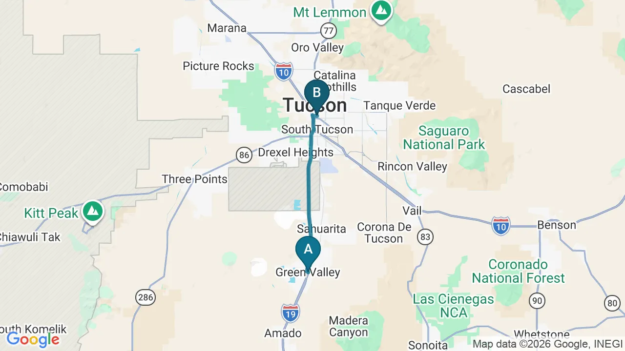 Driving directions map from Green Valley, AZ to Alma Sana Chiropractic Studio in Tucson
