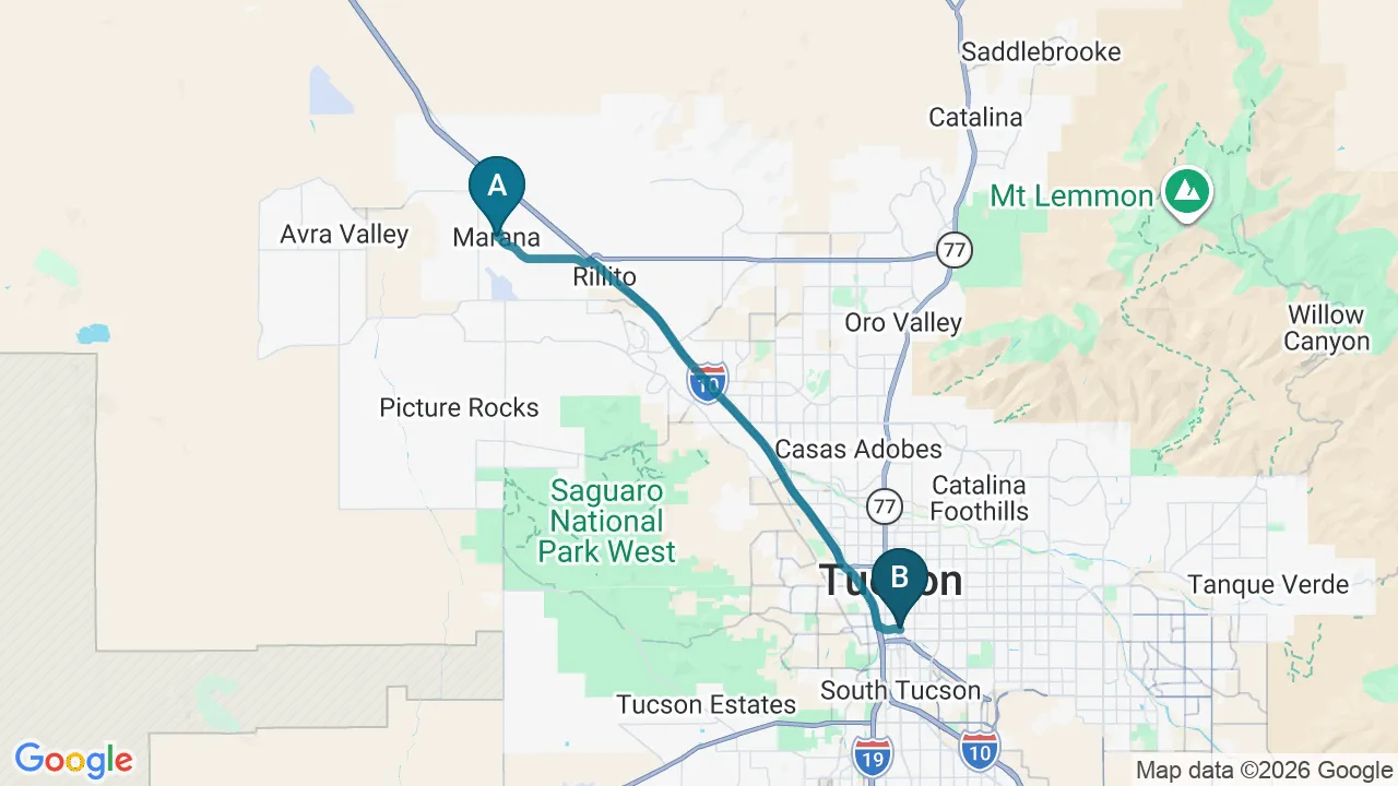 Driving directions map from Marana, AZ to Alma Sana Chiropractic Studio in Tucson