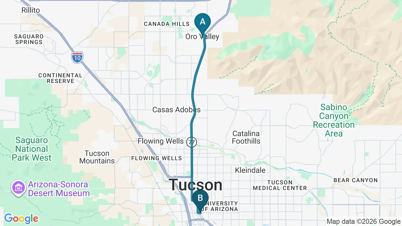 Driving directions map from Oro Valley, AZ to Alma Sana Chiropractic Studio in Tucson