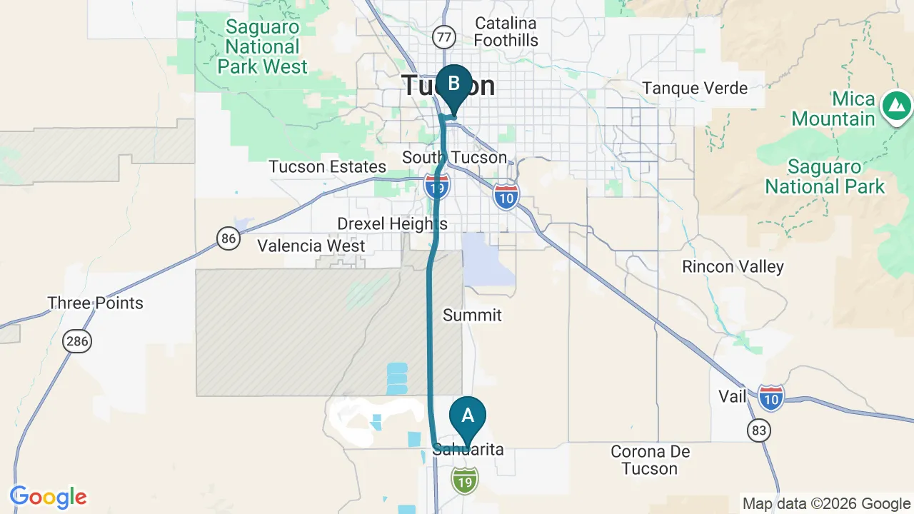 Driving directions map from Sahuarita, AZ to Alma Sana Chiropractic Studio in Tucson
