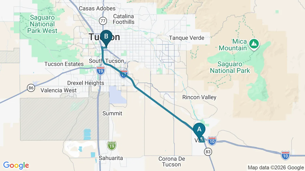 Driving directions map from Vail, AZ to Alma Sana Chiropractic Studio in Tucson